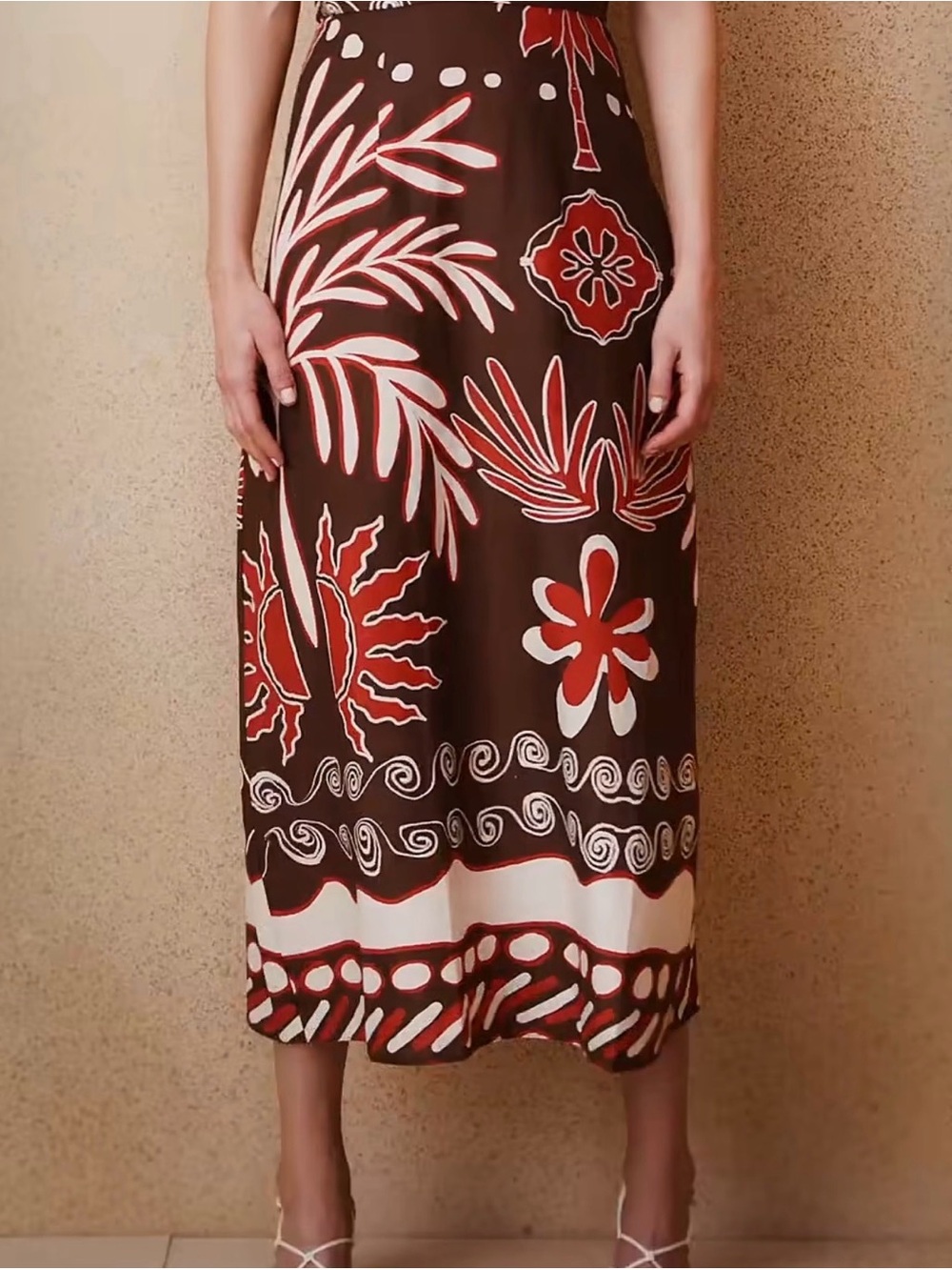 Primark Brown Midi Skirt with Red & White Floral Print